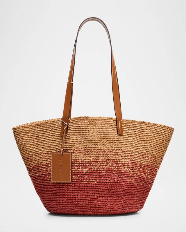 Two-Tone Raffia Basket Tote Bag